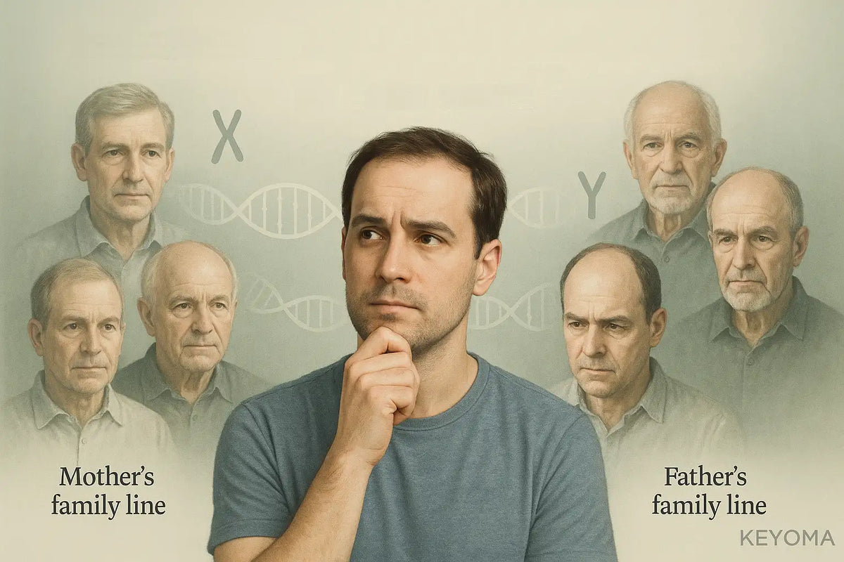 A Keyoma visual comparing hair loss across the mother’s and father’s family lines, with a man in the center thinking about genetic influence on baldness.