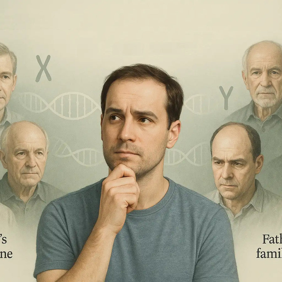A Keyoma visual comparing hair loss across the mother’s and father’s family lines, with a man in the center thinking about genetic influence on baldness.