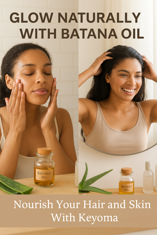 A woman gently applies batana oil to her face while another smiles in the mirror after applying it to her hair, showcasing how Keyoma promotes natural skin and hair radiance.