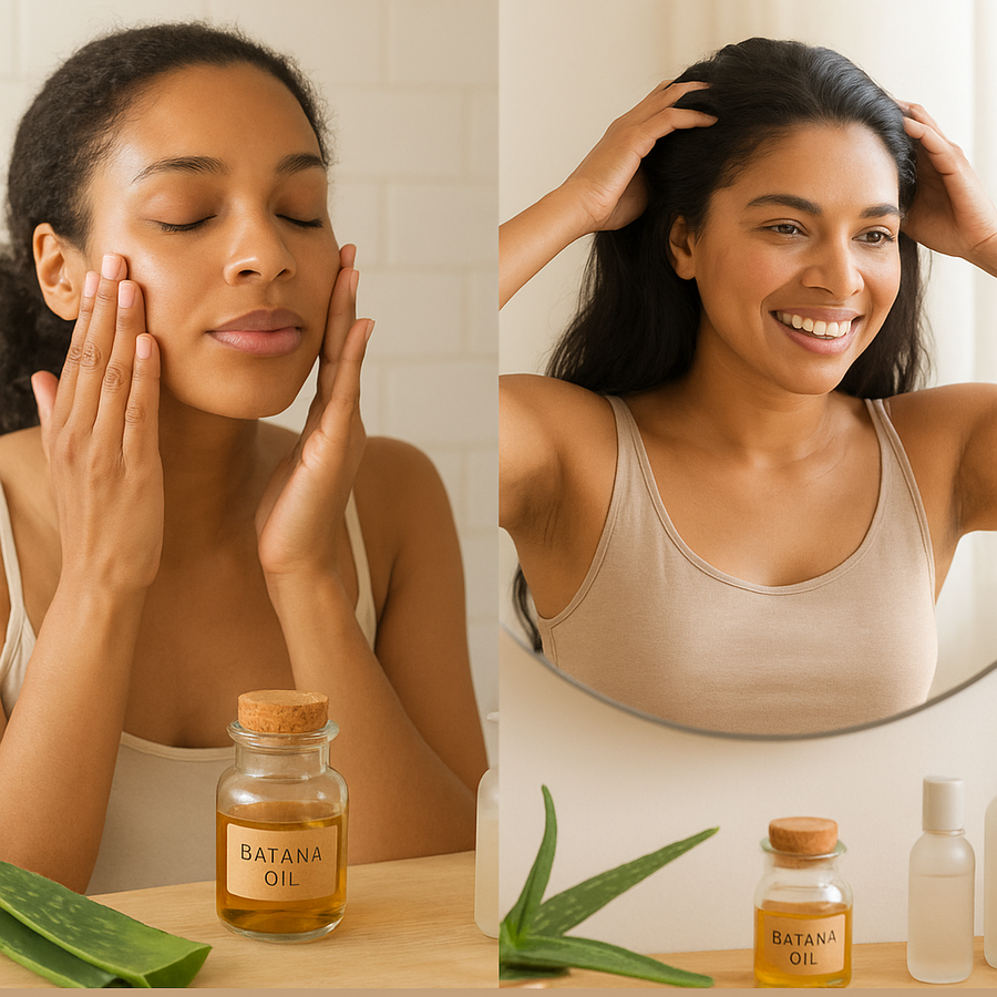A woman gently applies batana oil to her face while another smiles in the mirror after applying it to her hair, showcasing how Keyoma promotes natural skin and hair radiance.