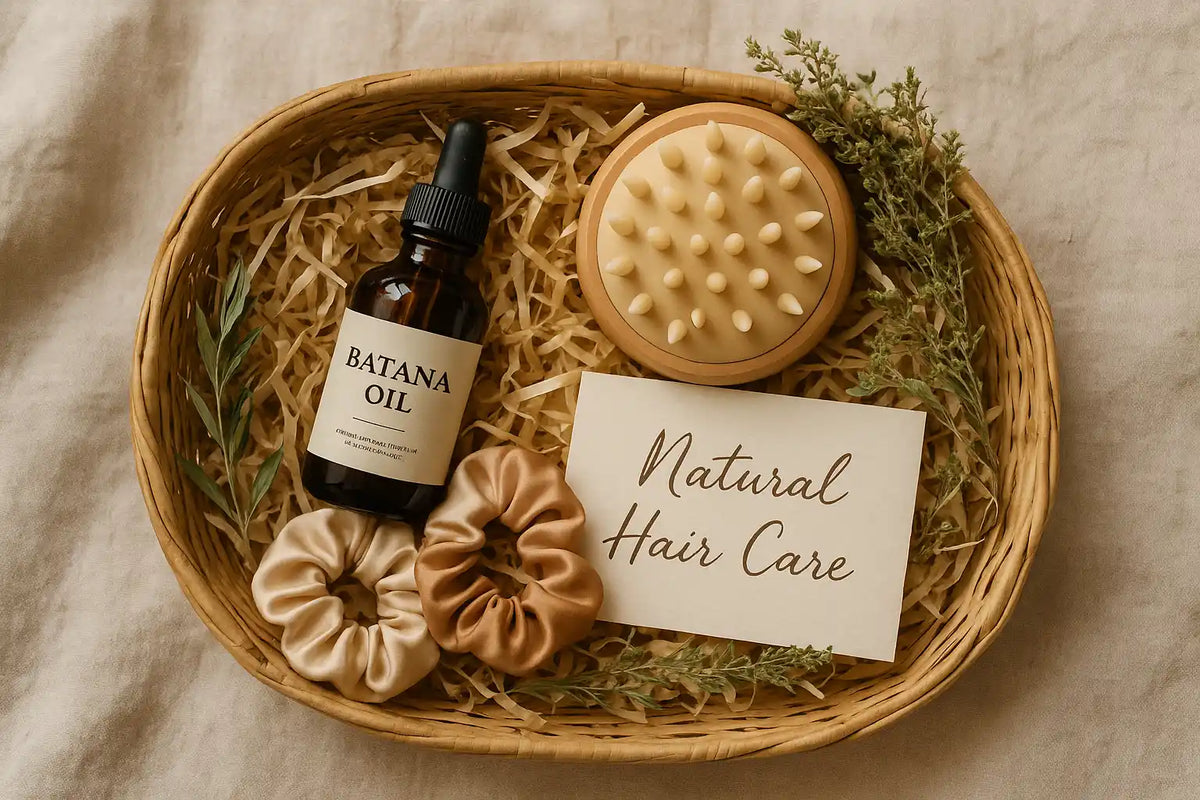 Keyoma natural hair care gift basket with Batana oil, scalp brush, and satin scrunchies on linen fabric