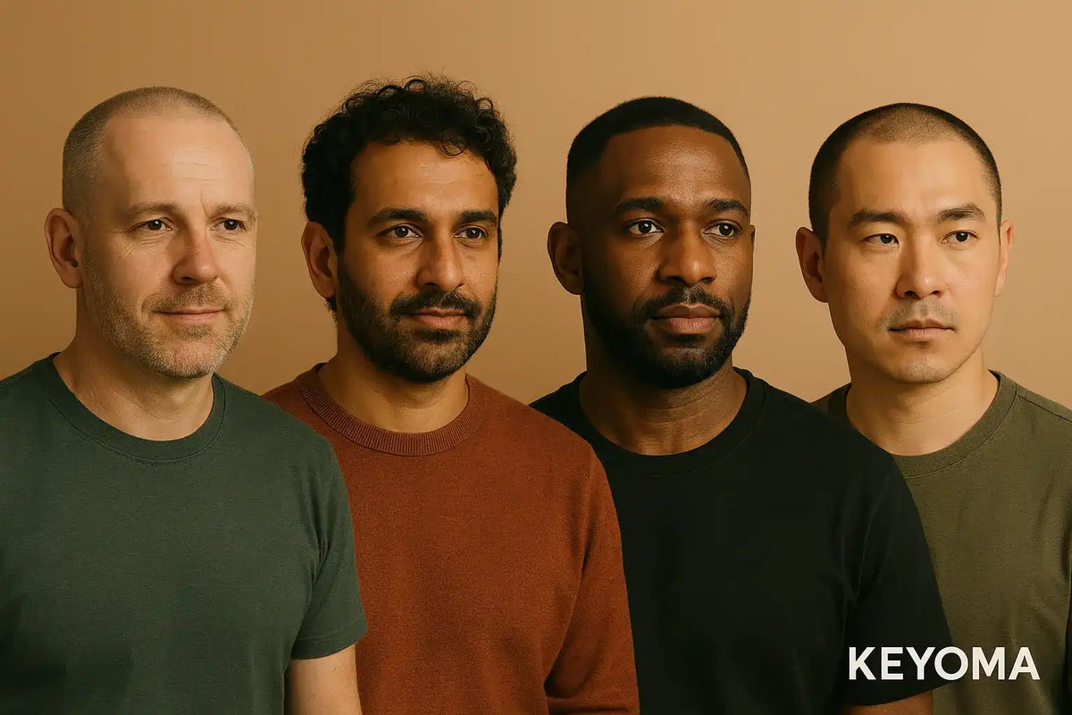 A Keyoma illustration showing four diverse middle-aged balding men with different hairstyles all standing confidently together.