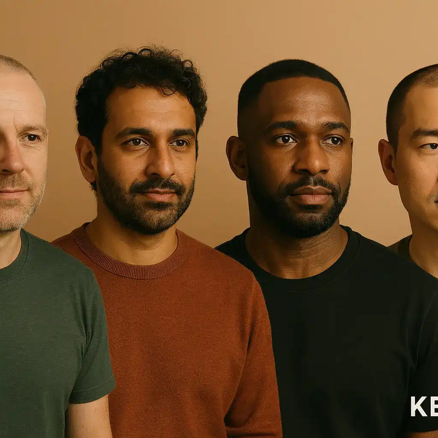 A Keyoma illustration showing four diverse middle-aged balding men with different hairstyles all standing confidently together.