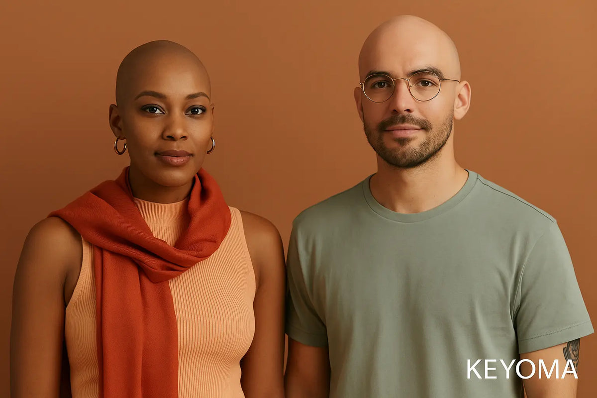 Illustration by Keyoma showing a bald woman wearing hoop earrings and an orange scarf draped over a sleeveless top standing beside a bald man with glasses, beard, and a green t-shirt