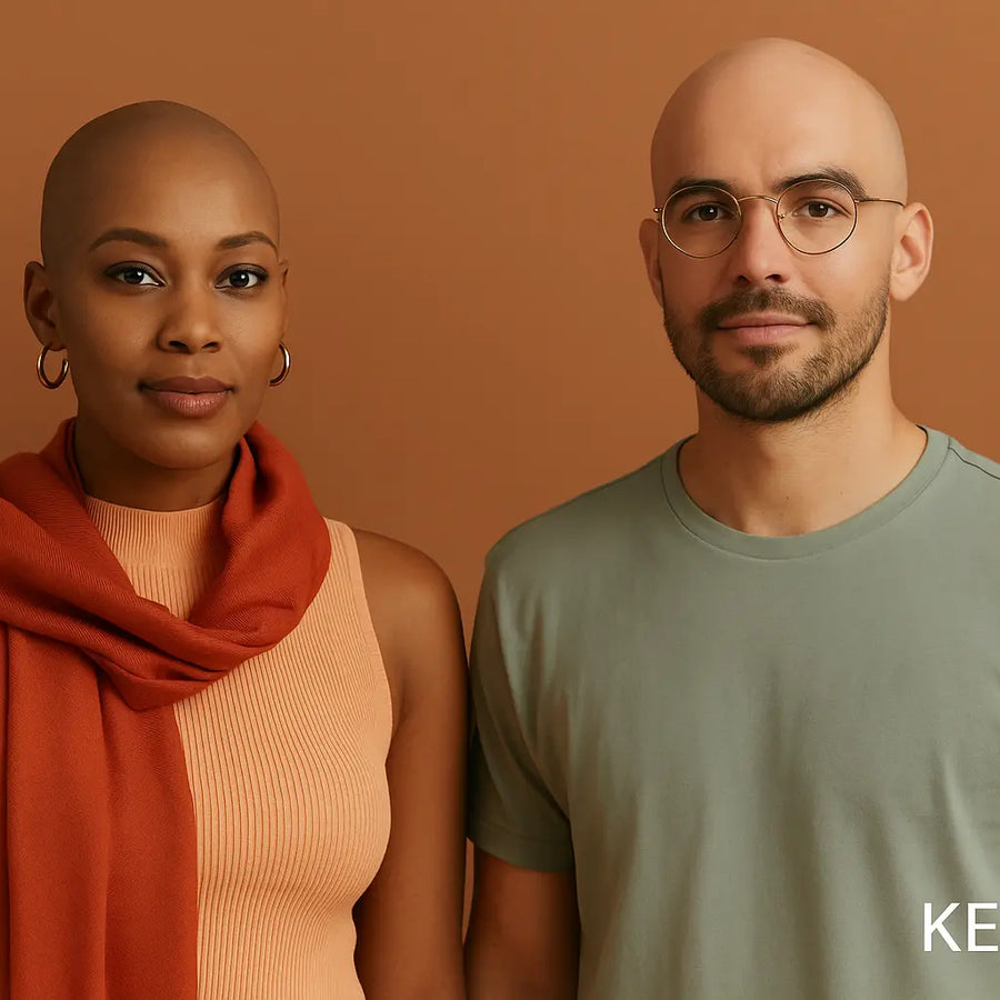 Illustration by Keyoma showing a bald woman wearing hoop earrings and an orange scarf draped over a sleeveless top standing beside a bald man with glasses, beard, and a green t-shirt