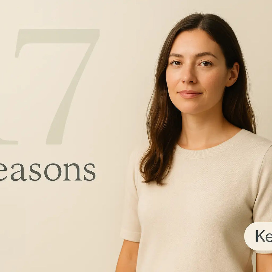 A calm woman in a beige top stands on a cream background beside large text reading “17 reasons,” with the Keyoma badge in the lower right used as a clean header image.