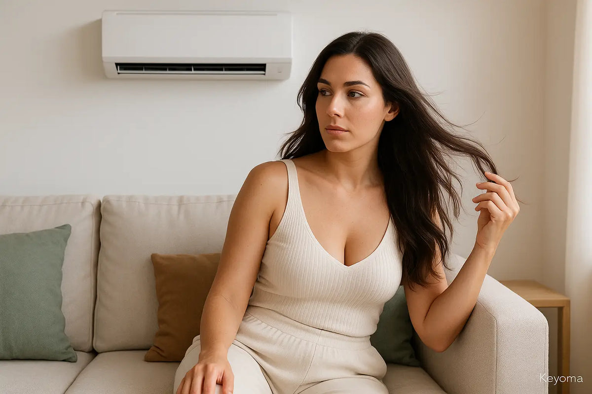 Woman on sofa near air conditioner examines hair, as Keyoma highlights dryness risk and frizz.