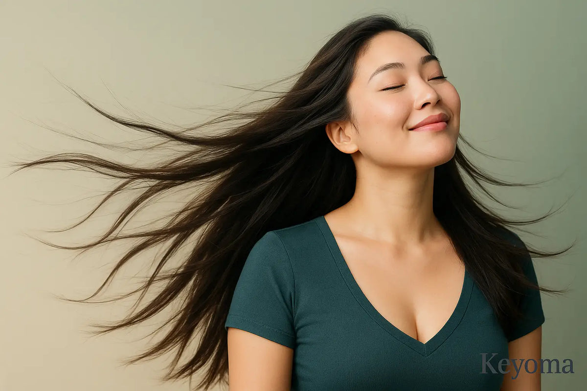 Smiling woman with long dark hair flowing in motion, captured by Keyoma, showcasing air drying hair care.