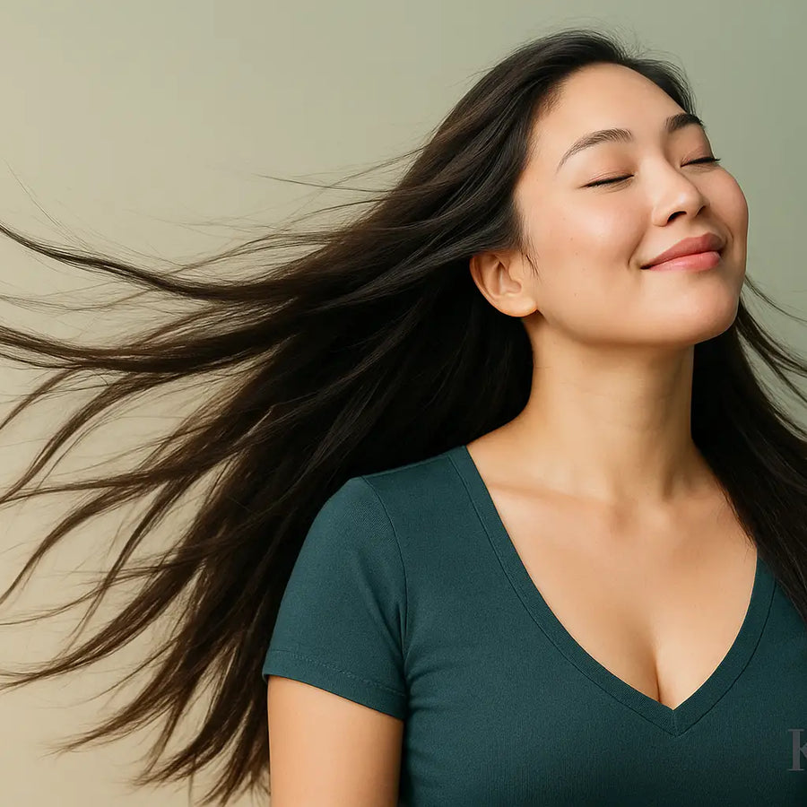 Smiling woman with long dark hair flowing in motion, captured by Keyoma, showcasing air drying hair care.