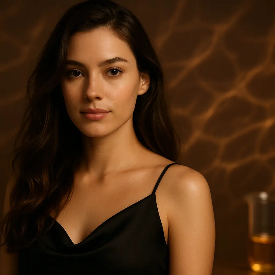 Studio portrait with warm amber reflections shows Keyoma model beside lab beaker, highlighting nourishing oil.