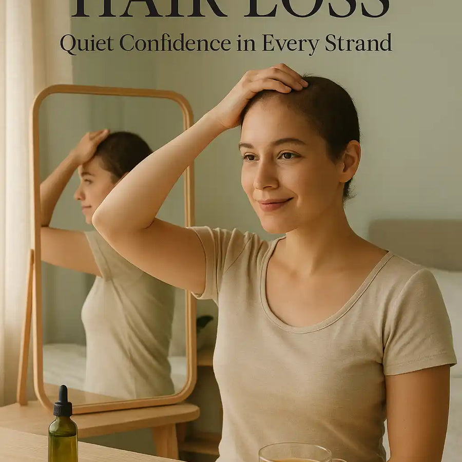 A woman gently touches her shaved head while looking in the mirror, expressing calm acceptance of hair loss. Keyoma highlights the connection between anxiety and hair health in a peaceful home setting.