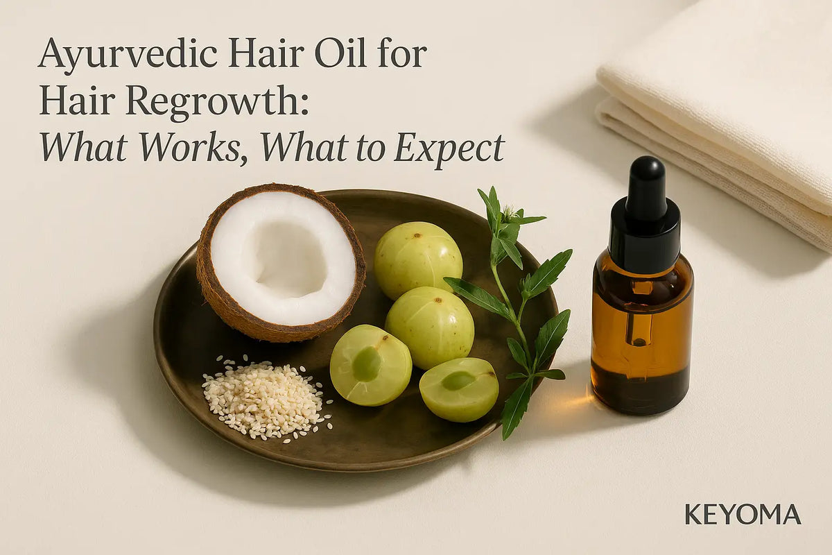 A minimal product scene for Keyoma features a brown dropper bottle beside a plate with halved coconut, fresh amla fruit and leaves, and sesame seeds under text about Ayurvedic hair oil for regrowth.