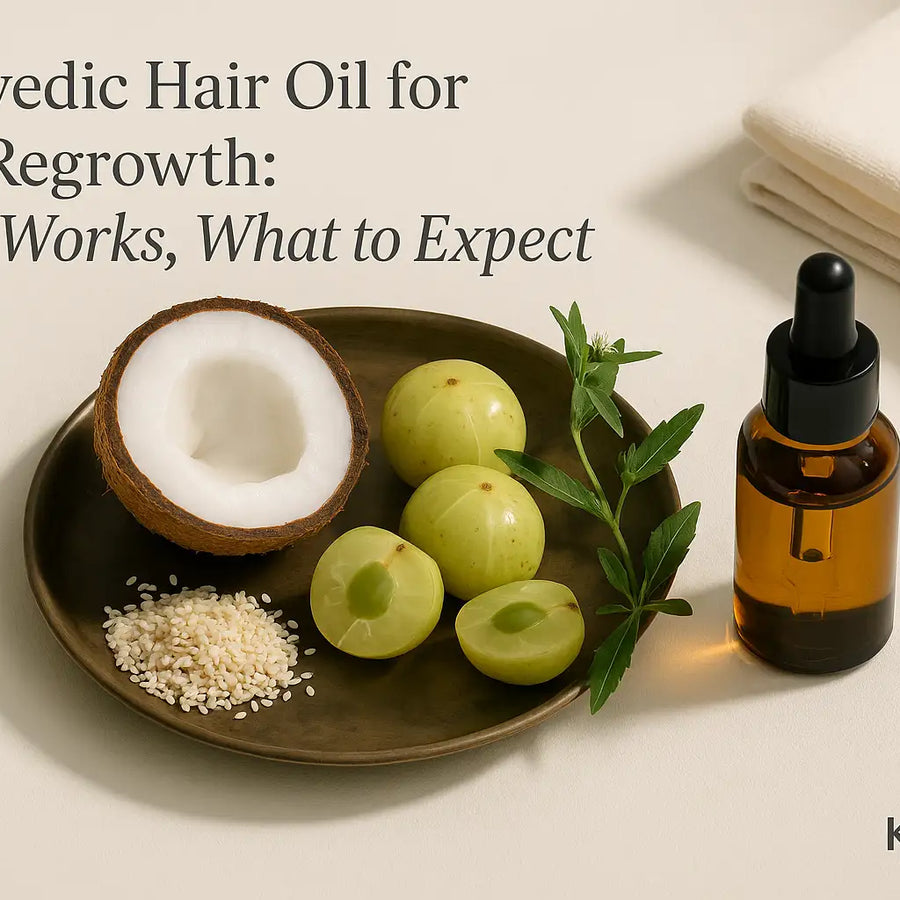 A minimal product scene for Keyoma features a brown dropper bottle beside a plate with halved coconut, fresh amla fruit and leaves, and sesame seeds under text about Ayurvedic hair oil for regrowth.