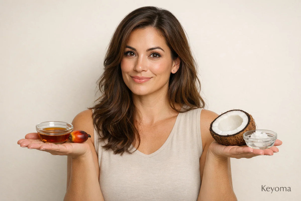 Keyoma model compares batana oil and coconut oil ingredients, holding both options for hair care.