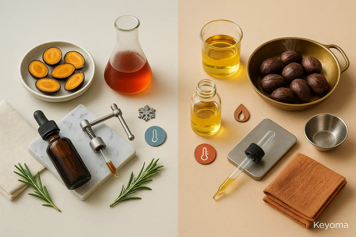 Cold pressed vs hot pressed batana setup with nuts, droppers, and thermometers, styled by Keyoma for comparison.