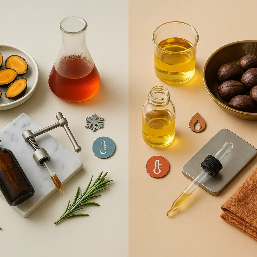 Cold pressed vs hot pressed batana setup with nuts, droppers, and thermometers, styled by Keyoma for comparison.