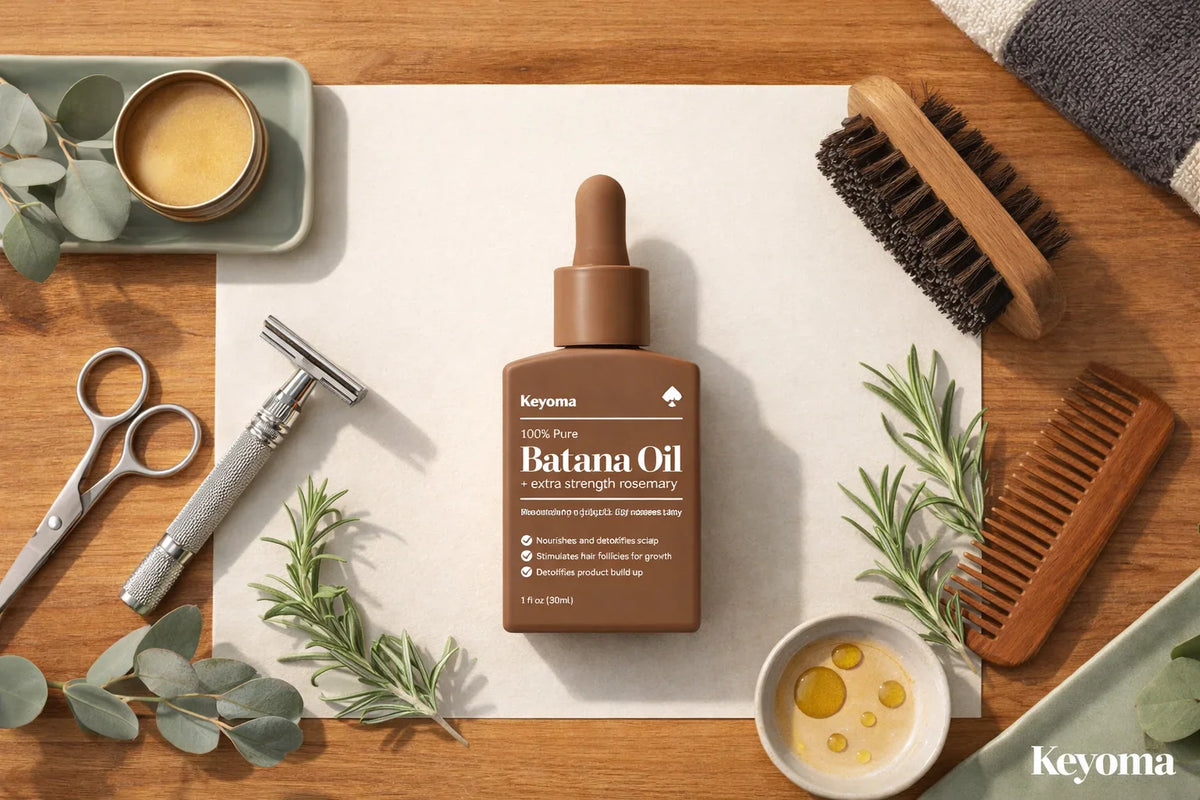 Flat lay of Keyoma batana oil with beard grooming tools, rosemary sprigs, and natural beard care essentials.