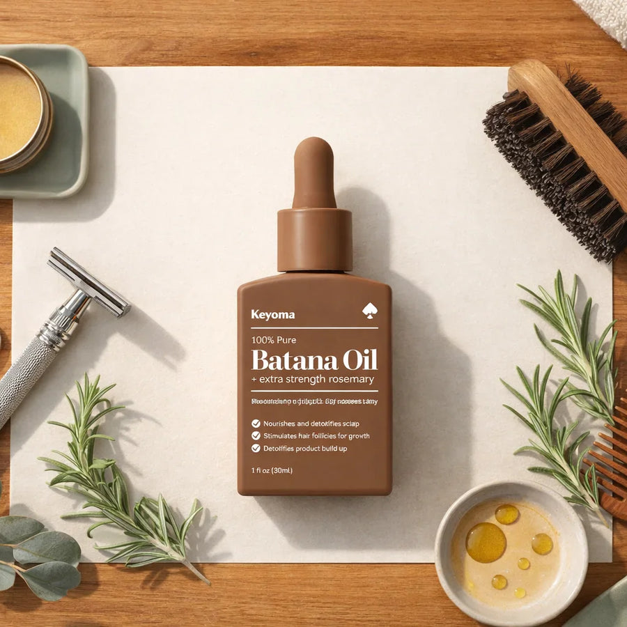 Flat lay of Keyoma batana oil with beard grooming tools, rosemary sprigs, and natural beard care essentials.