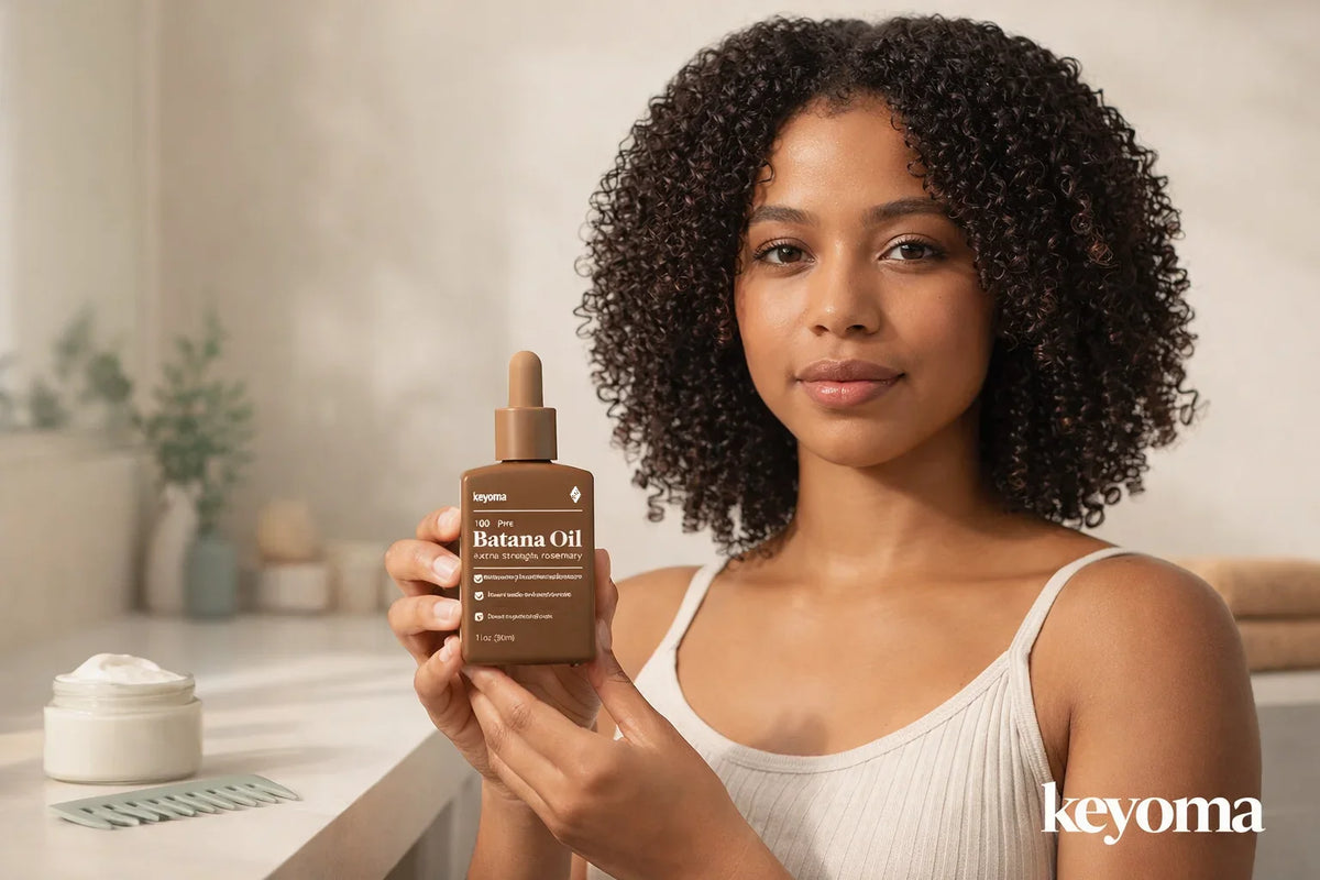 Woman with tight 3B curls holding Keyoma batana oil for defined, hydrated hair.