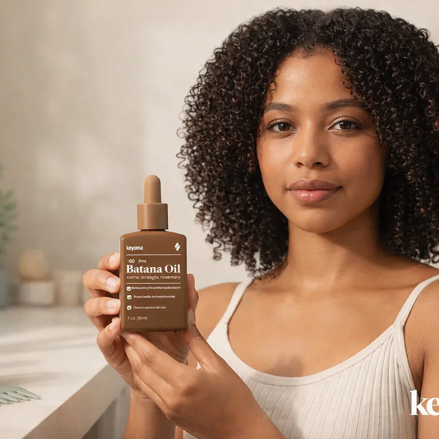 Woman with tight 3B curls holding Keyoma batana oil for defined, hydrated hair.