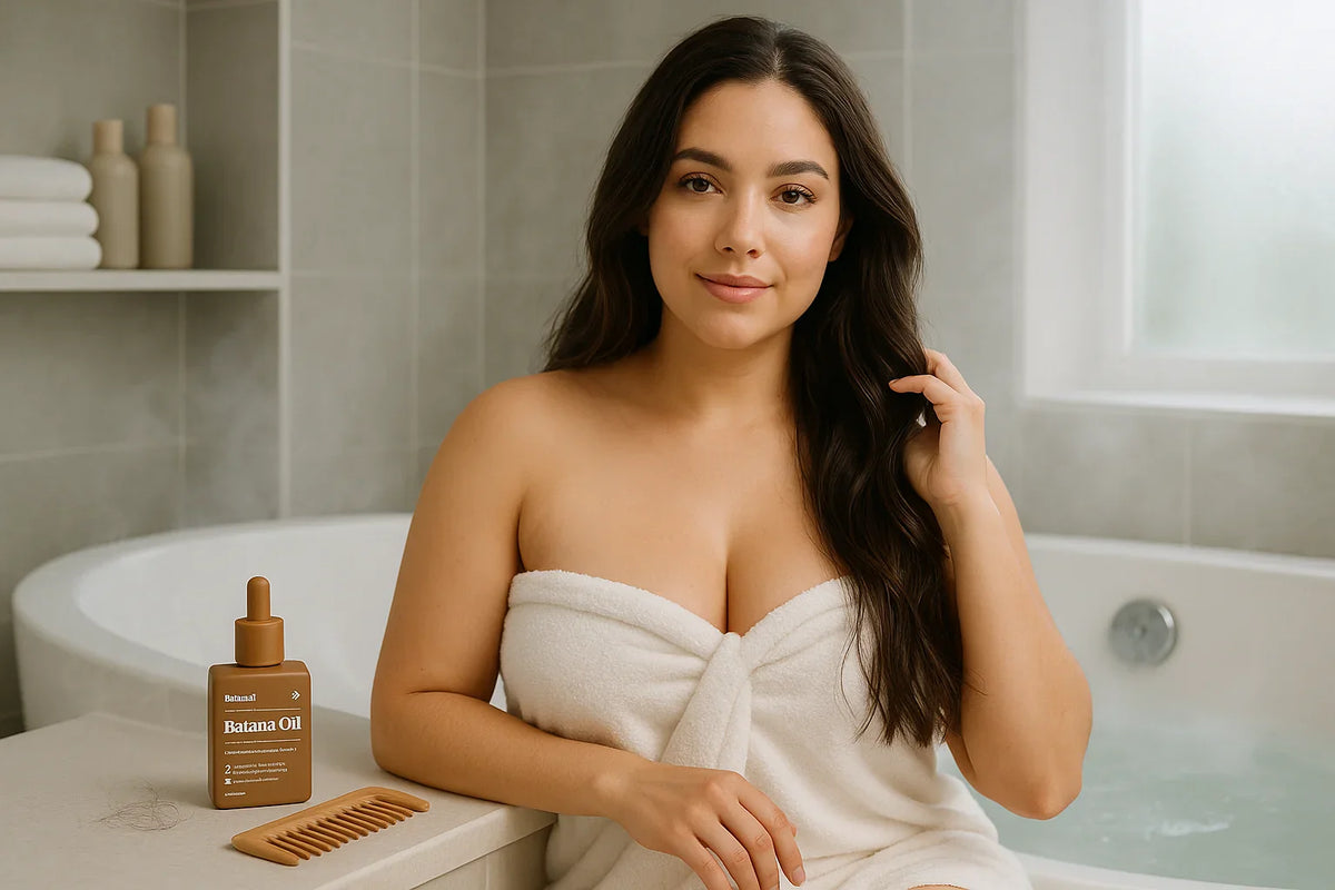 Woman after bath sits by tub with Keyoma Batana Oil and comb, promoting gentle scalp care.