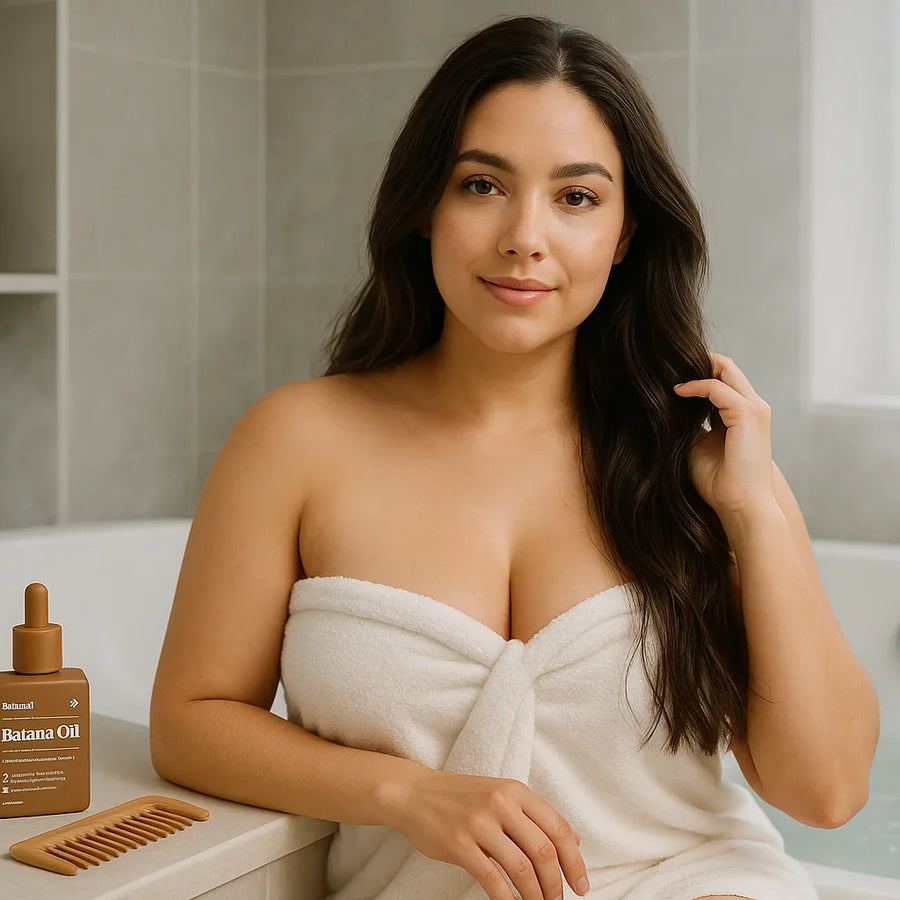 Woman after bath sits by tub with Keyoma Batana Oil and comb, promoting gentle scalp care.