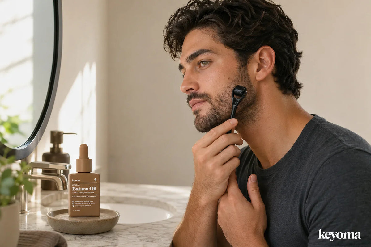 Keyoma Batana Oil bottle beside man using beard derma roller near bathroom mirror.