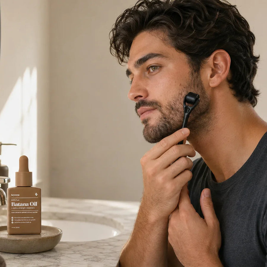 Keyoma Batana Oil bottle beside man using beard derma roller near bathroom mirror.