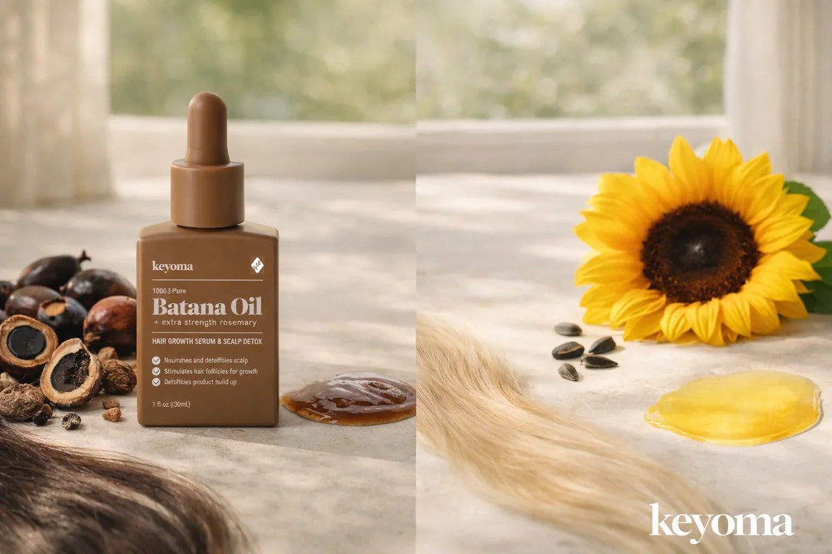 Closeup of Keyoma batana oil bottle on a vanity beside nuts, spilled oil, and a sunflower comparison setup.