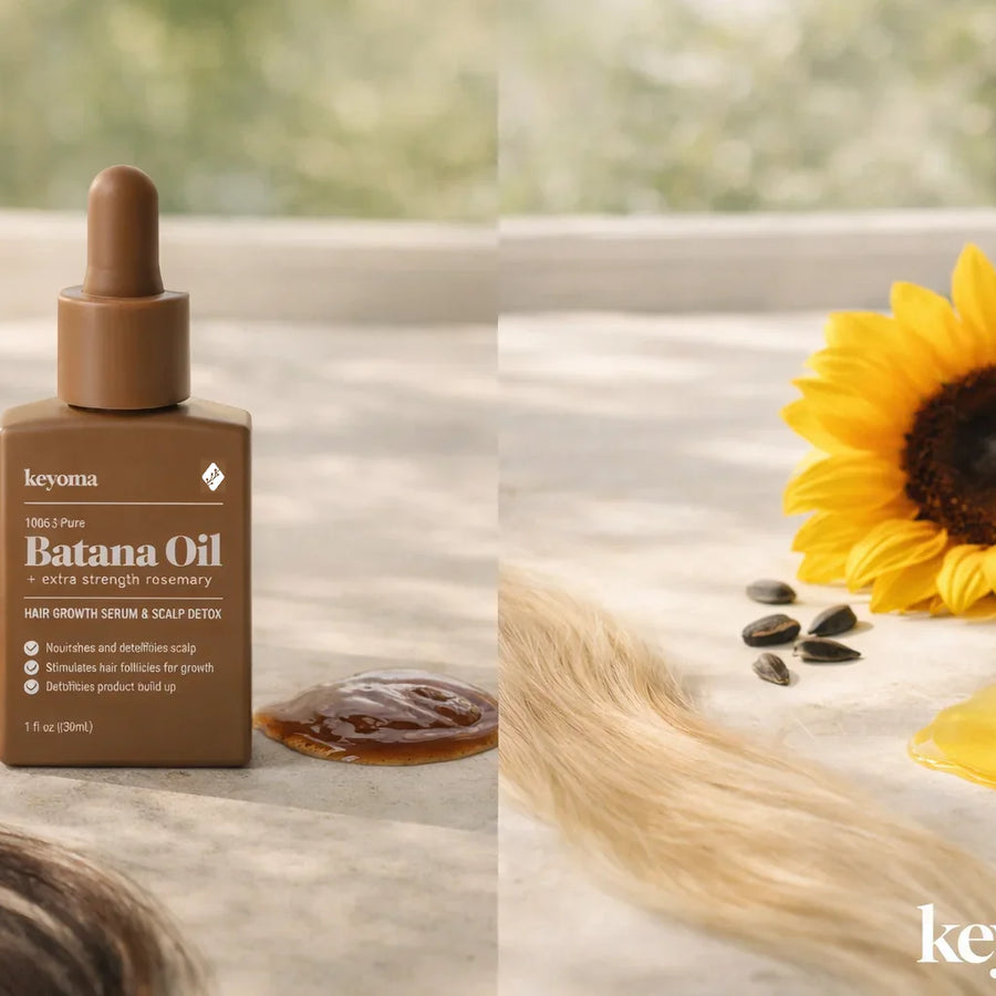 Closeup of Keyoma batana oil bottle on a vanity beside nuts, spilled oil, and a sunflower comparison setup.