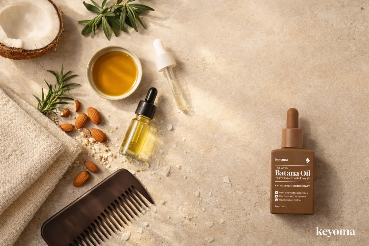 Keyoma batana oil bottle flatlay with comb, almonds, rosemary, and oil dropper on neutral background.