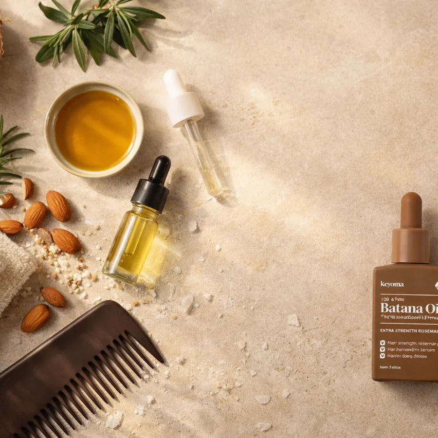 Keyoma batana oil bottle flatlay with comb, almonds, rosemary, and oil dropper on neutral background.