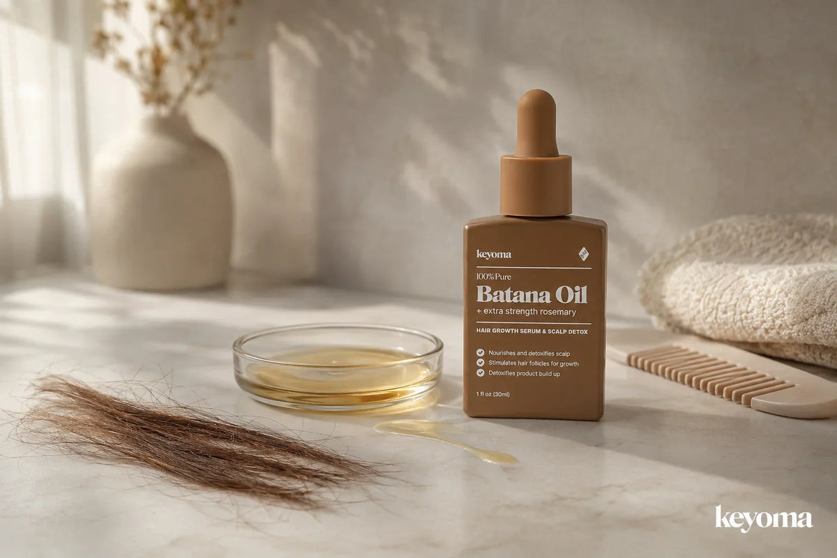 Keyoma Batana Oil bottle flatlay with loose hair strands, oil dish, comb, and towel.