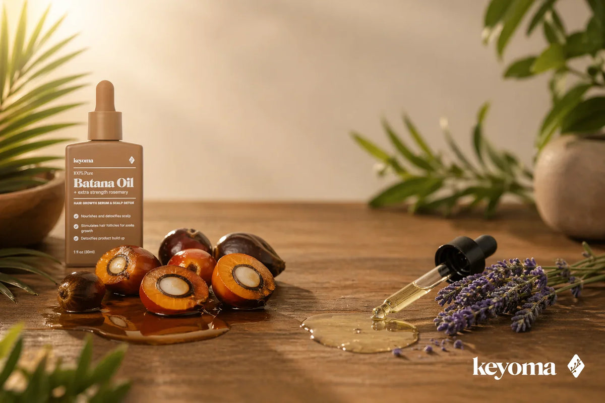 Keyoma batana oil bottle with palm fruit halves and dropper on wooden table with spilled oil.