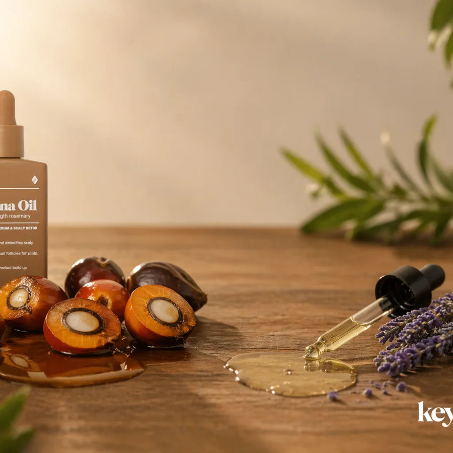 Keyoma batana oil bottle with palm fruit halves and dropper on wooden table with spilled oil.