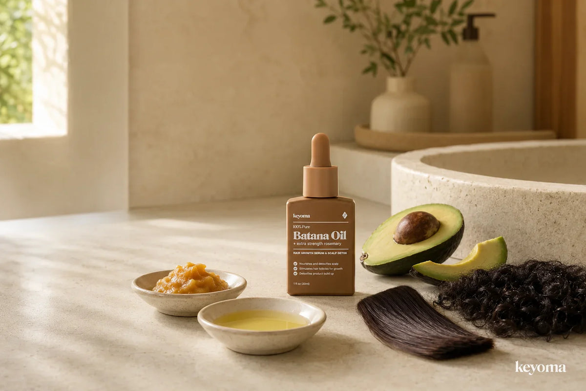 Keyoma Batana Oil bottle on a bathroom vanity with avocado, oil bowl, and hair swatches.