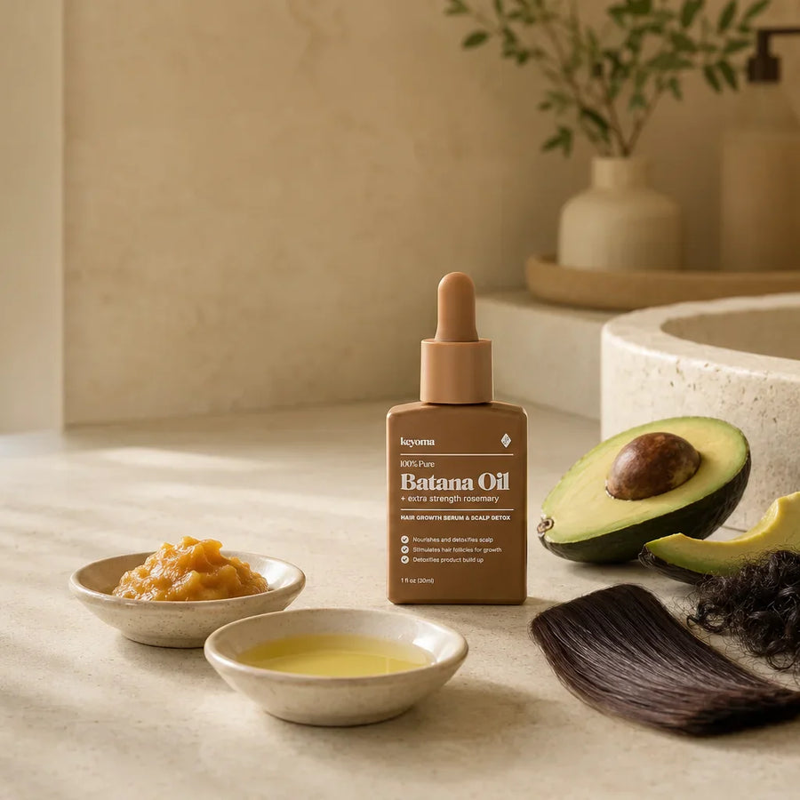 Keyoma Batana Oil bottle on a bathroom vanity with avocado, oil bowl, and hair swatches.
