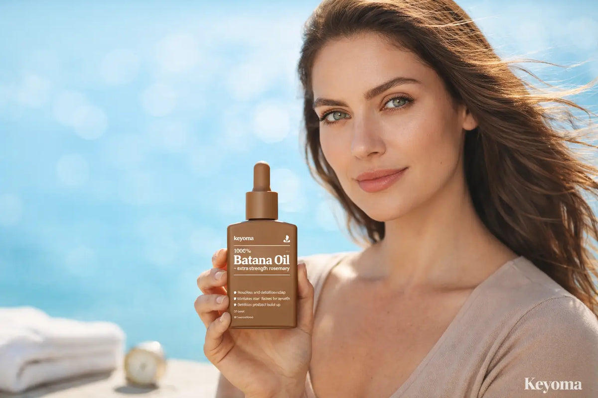Woman holds Keyoma Batana Oil while infographic outlines a rinse-out conditioning routine for soft hair.