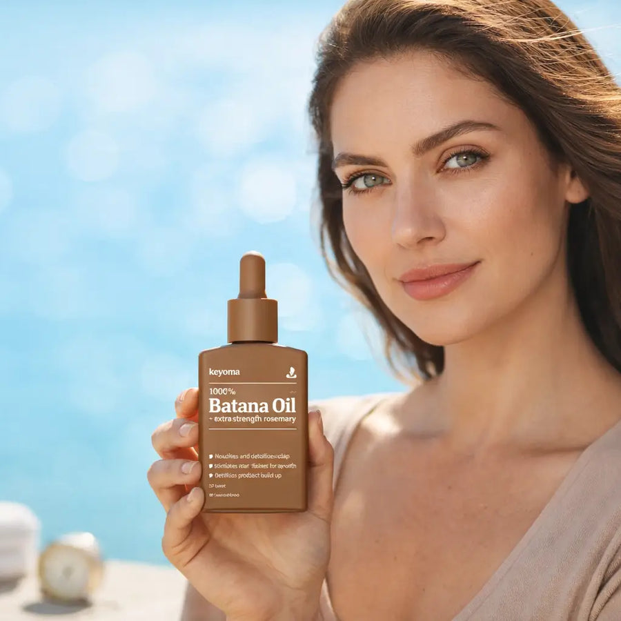 Woman holds Keyoma Batana Oil while infographic outlines a rinse-out conditioning routine for soft hair.