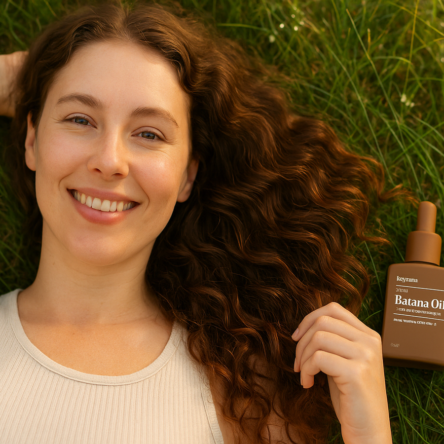 A smiling woman with long curly hair lies on green grass while holding a strand next to a dropper bottle of Keyoma Batana Oil, illustrating a simple natural hair-care moment.