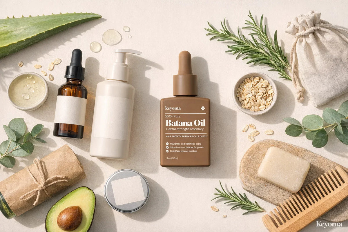 Flatlay of Keyoma batana oil with grooming tools, herbs, and natural ingredients for hair care.