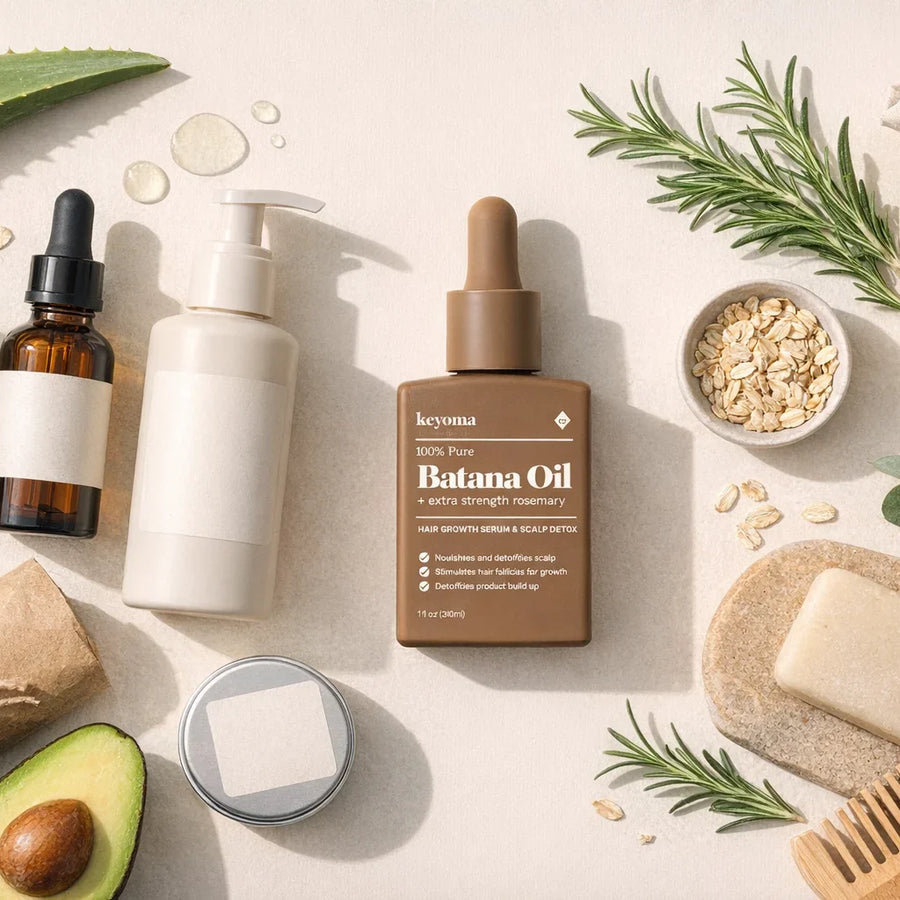 Flatlay of Keyoma batana oil with grooming tools, herbs, and natural ingredients for hair care.