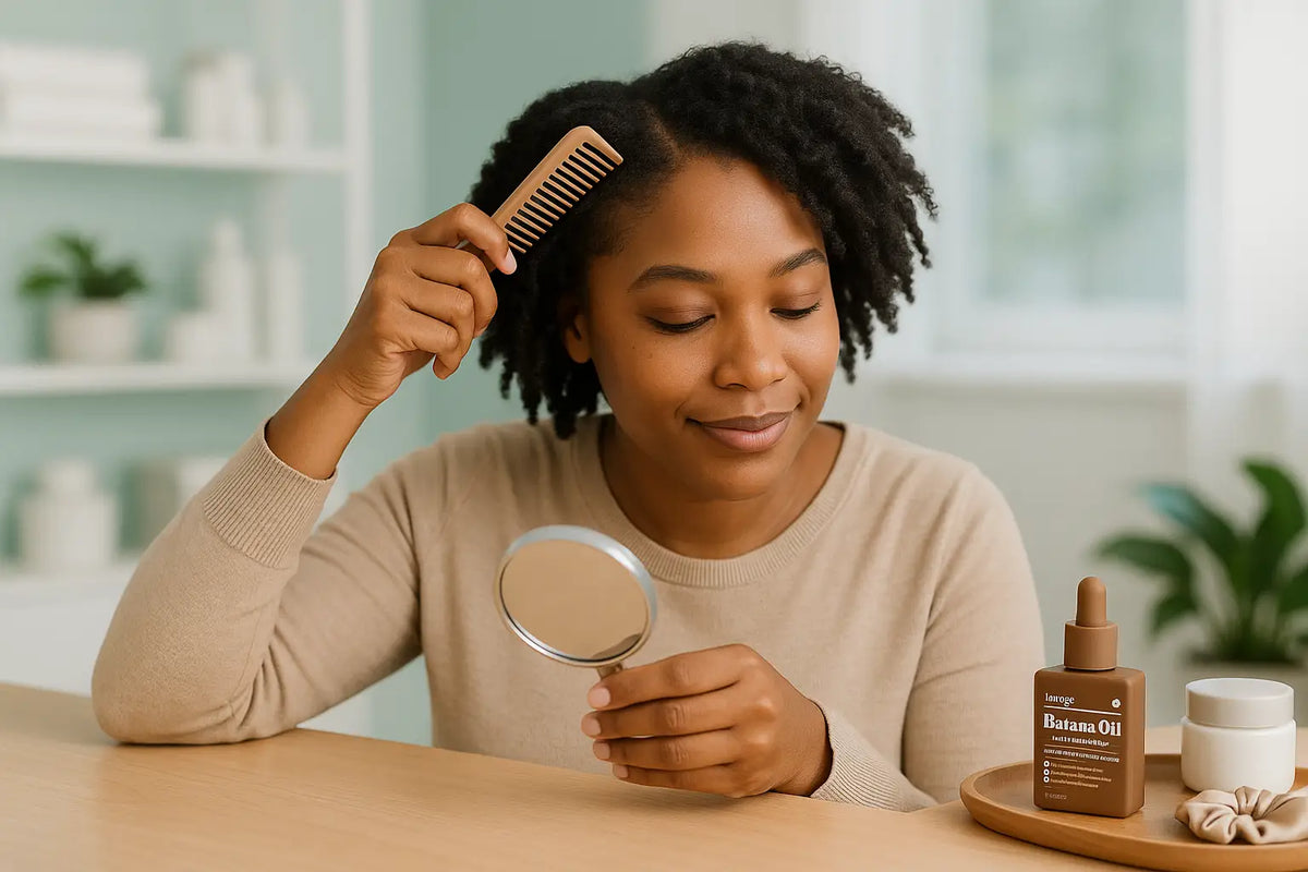 A woman with natural textured hair combs her hair while holding a mirror, with a bottle of Keyoma Batana Oil on the table beside her.