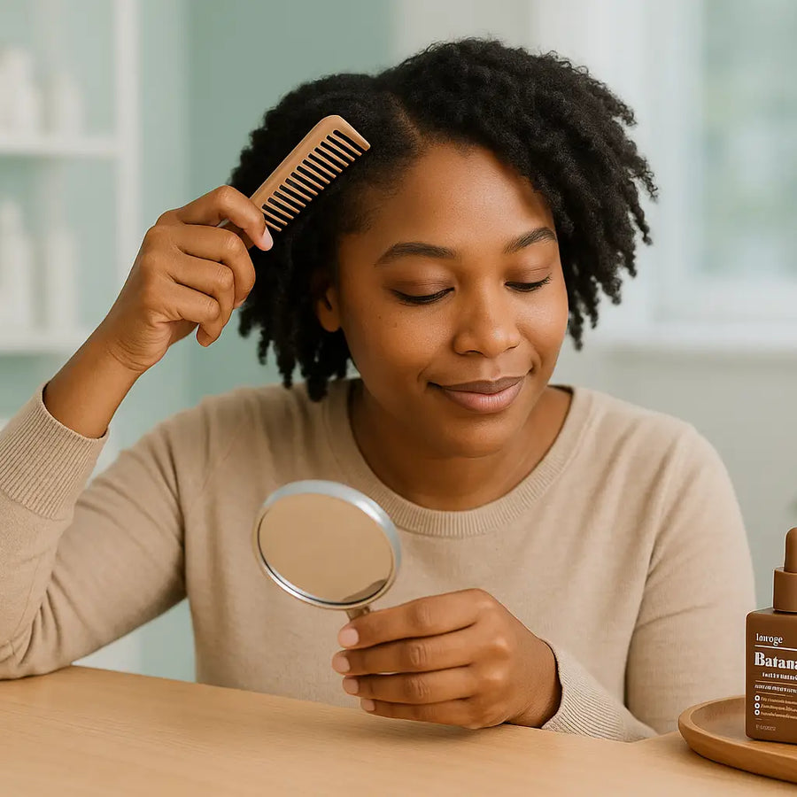 A woman with natural textured hair combs her hair while holding a mirror, with a bottle of Keyoma Batana Oil on the table beside her.