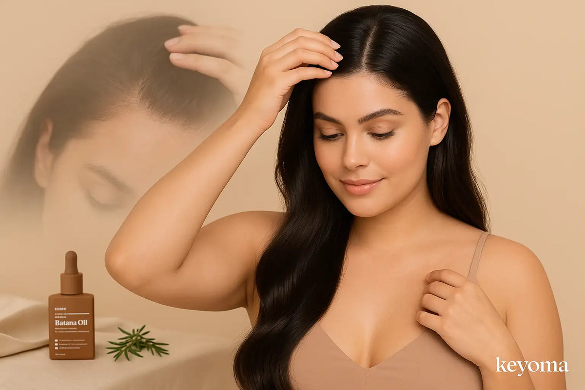 Smiling woman touches hairline beside Keyoma Batana Oil, suggesting scalp massage and gentle edge care.