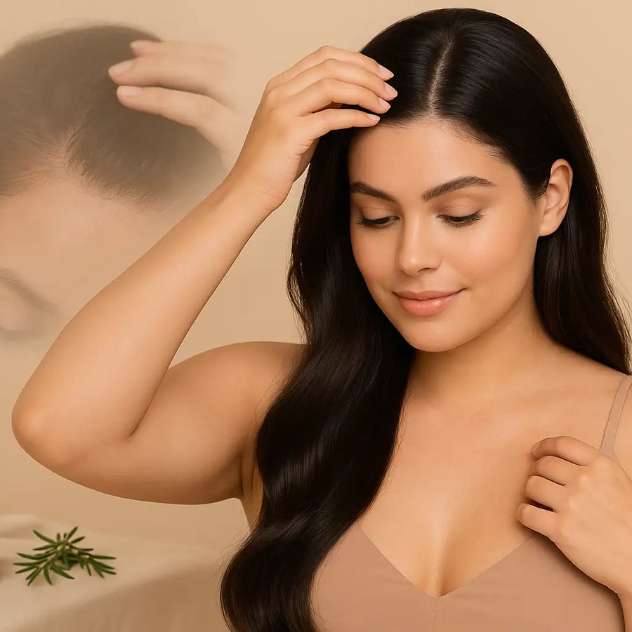 Smiling woman touches hairline beside Keyoma Batana Oil, suggesting scalp massage and gentle edge care.