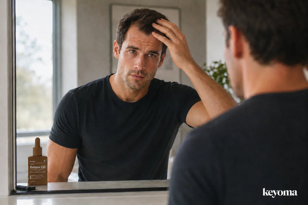 Keyoma batana oil bottle stands beside man checking hairline in bathroom mirror.
