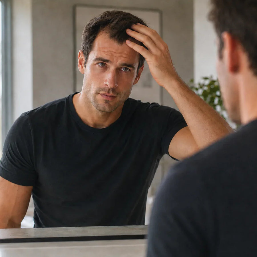 Keyoma batana oil bottle stands beside man checking hairline in bathroom mirror.
