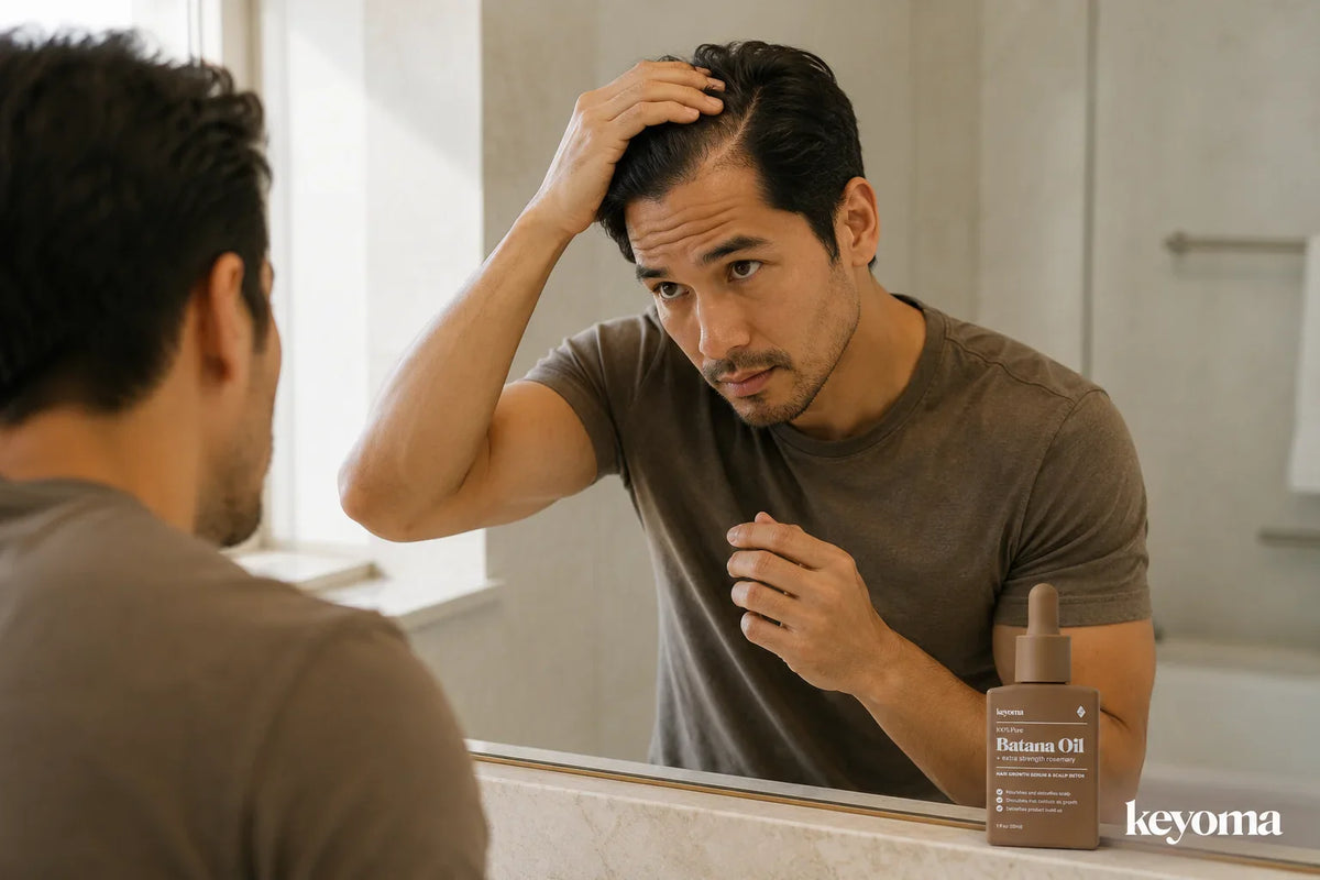 Keyoma batana oil bottle sits by man checking hairline in a bathroom mirror.
