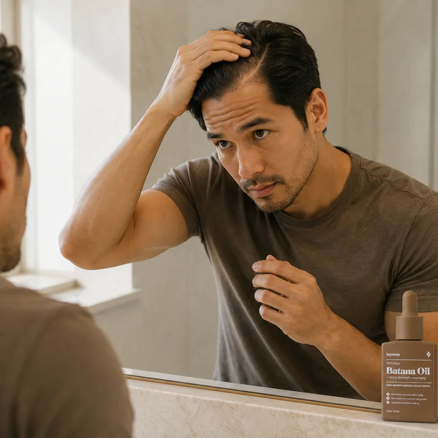 Keyoma batana oil bottle sits by man checking hairline in a bathroom mirror.